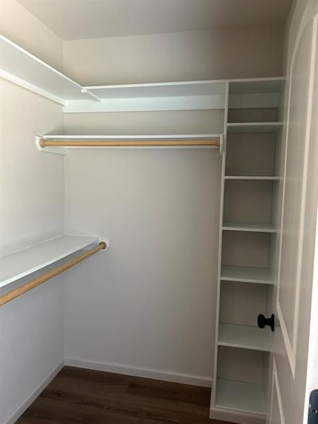 Walk in closet with dark wood-type flooring