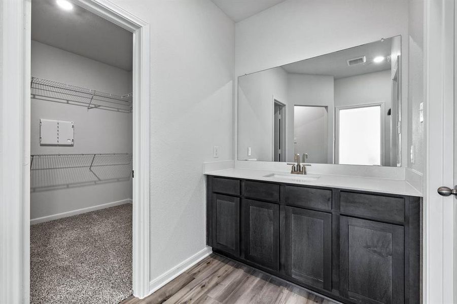 Bathroom with vanity and hardwood / wood-style floors