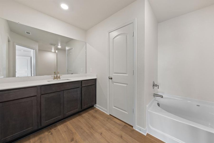 Bathroom featuring wood-type flooring, vanity, and a bathtub