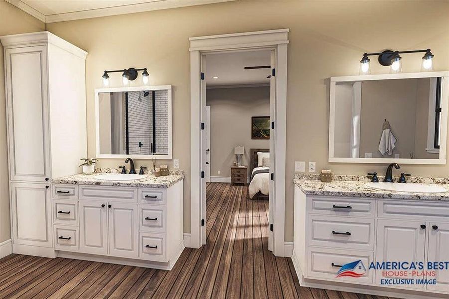Bathroom with crown molding, hardwood / wood-style floors, and vanity