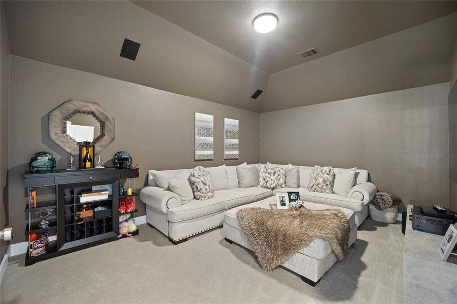 Carpeted living room featuring vaulted ceiling