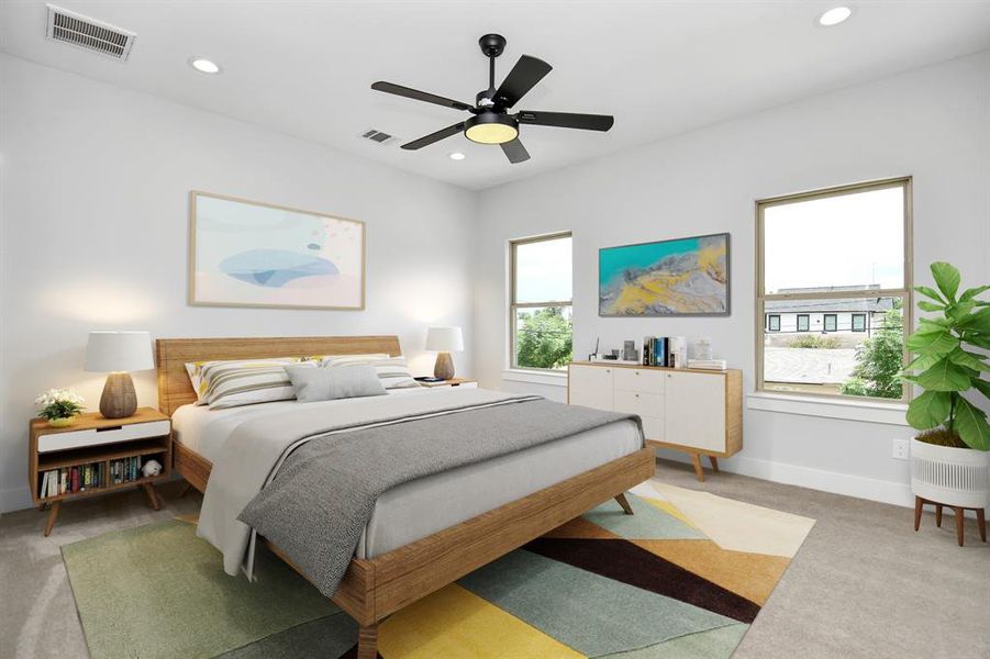 The generously sized 13'11"x12'8" primary bedroom offers beautiful views, recessed lighting and a designer fanlight ceiling fixture which matches those found throughout the home for design consistency! Photo virtually staged.