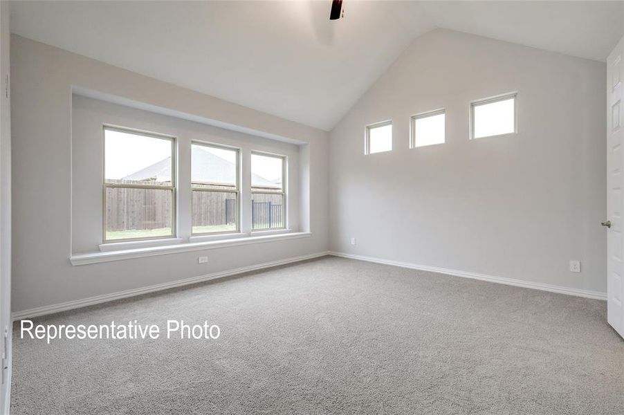 Carpeted empty room with lofted ceiling