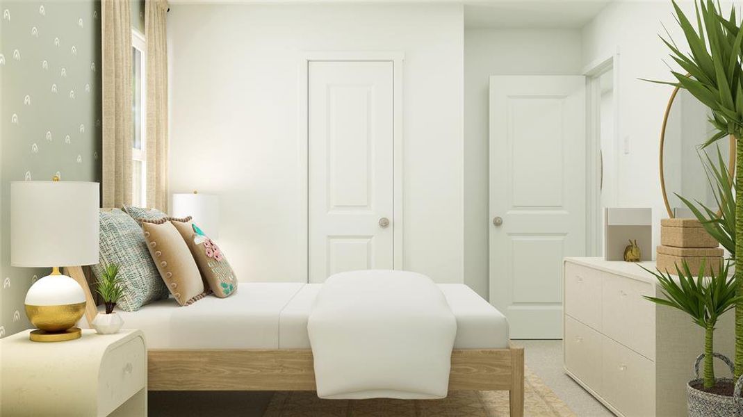 Bedroom with light colored carpet