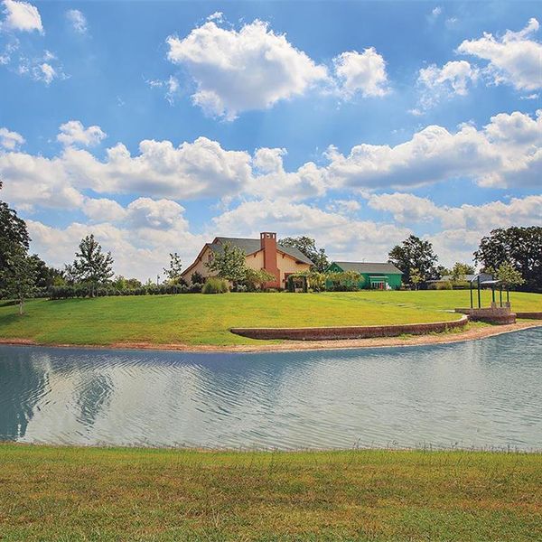 The lodge overlooking the lake is a beautiful sight.