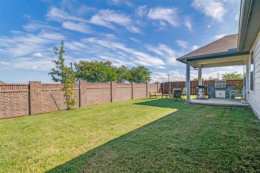 View of yard featuring a patio and an outdoor kitchen