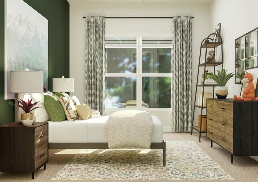 Rendering of the third bedroom furnished
  with a large bed, nightstands and chest of drawers. The carpeted room has a  large window and the forest-green accent wall is decorated with a landscape  painting.