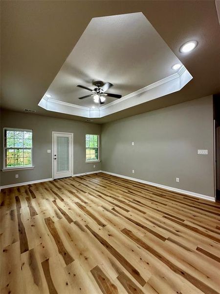 Empty room featuring a tray ceiling, light hardwood / wood-style floors, a skylight, plenty of natural light, and ceiling fan