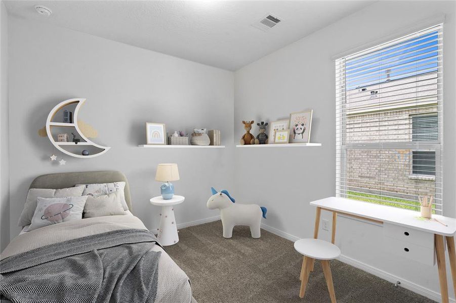 Secondary bedroom features plush carpet, and a large windows with privacy blinds.