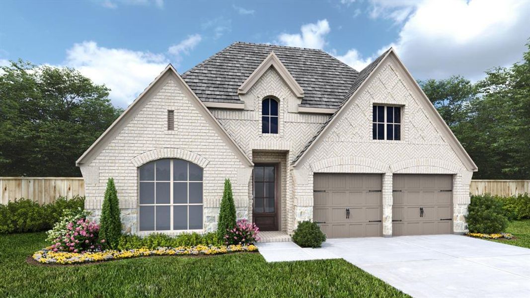 View of front of home with a garage and a front yard