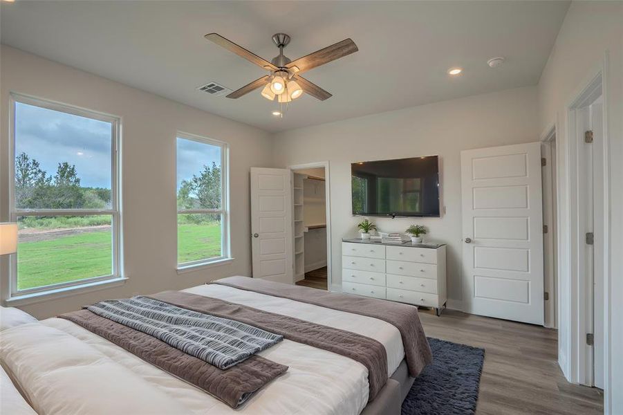 Bedroom featuring hardwood / wood-style floors, a walk in closet, ceiling fan, and a closet