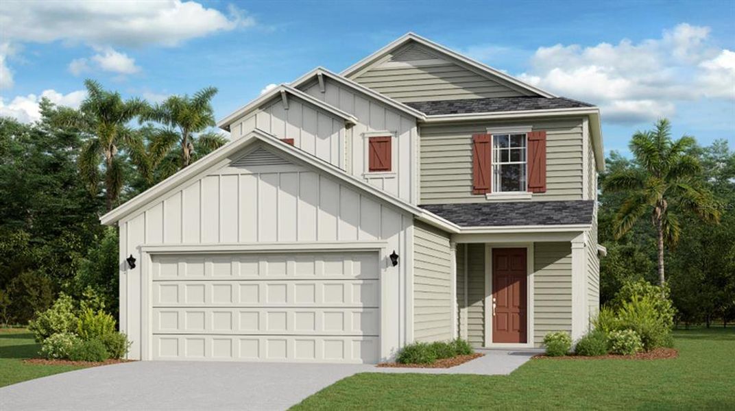 Artist rendering; illustration only; colors, features, and garage orientation.