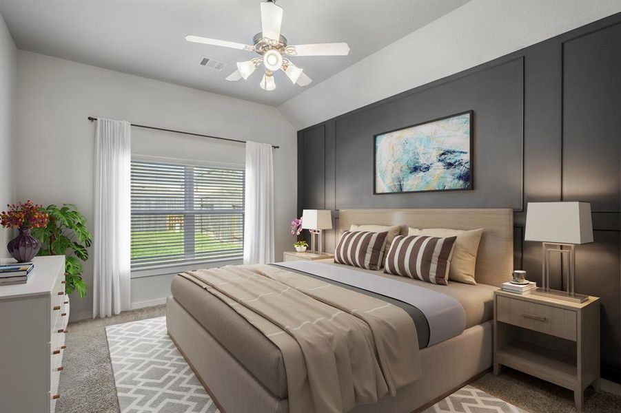 The primary bedroom welcomes you with bright natural light and a custom accent wall! It sits at the back of the home offering additional privacy and easily fits a king size bed! *This photo has been virtually staged