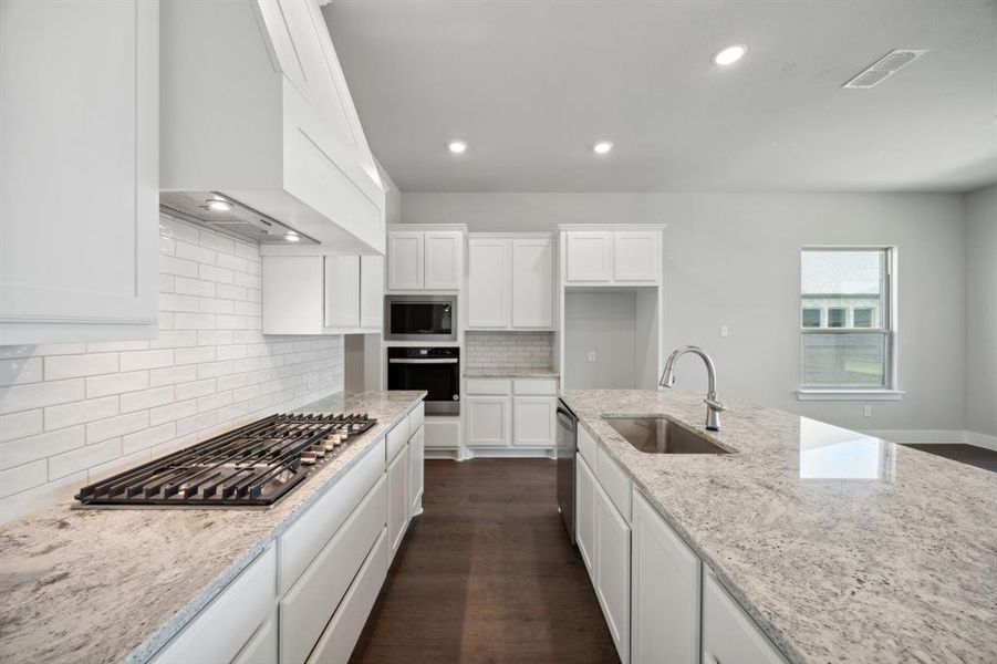 Kitchen featuring premium range hood, stainless steel appliances, decorative backsplash, sink, and dark hardwood / wood-style floors