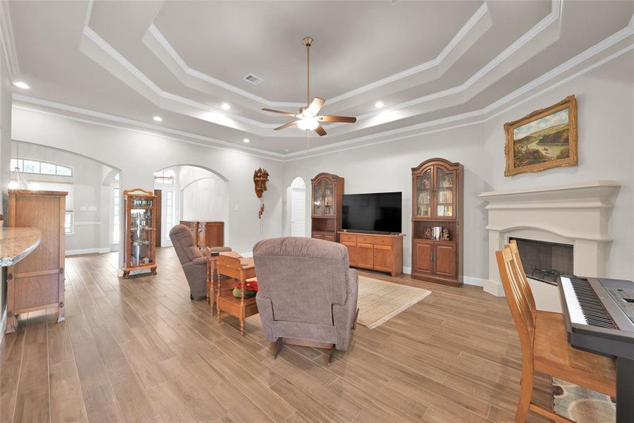 wonderful living space with double tray ceiling, crown molding, and gas fireplace