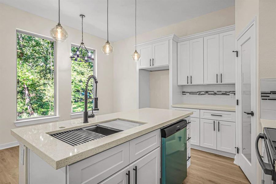 Kitchen with center island. Large sink and dishwasher in the island complete with additional storage.