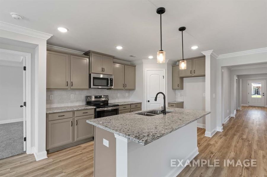 Kitchen with crown molding, light wood-type flooring, sink, and appliances with stainless steel finishes