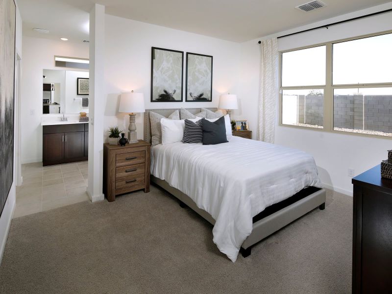 Large primary suite featuring gray carpet and natural lighting