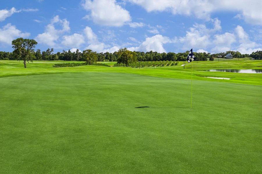 This photo showcases a pristine golf course with a lush, manicured green, a flagstick indicating the hole location, and a serene water feature in the background. The well-maintained landscaping and clear skies suggest a peaceful and luxurious setting perfect for golf enthusiasts.