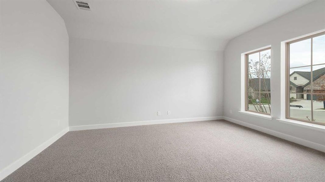 Carpeted spare room featuring vaulted ceiling and plenty of natural light