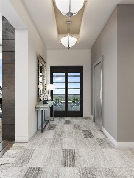 Foyer of a residence with direct elevator access to right and view through door to one of the home's garden terraces. Rendering shown is an example and may not be representative of this unit.