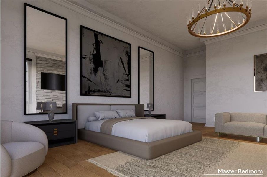 Bedroom with a chandelier, hardwood / wood-style flooring, and ornamental molding