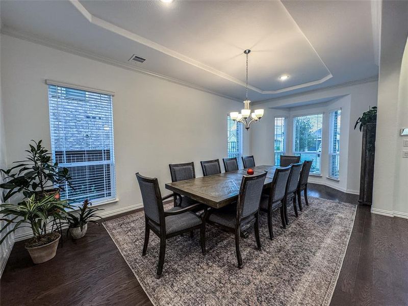 Dining space featuring crown molding, dark hardwood / wood-style floors, a tray ceiling, and plenty of natural light