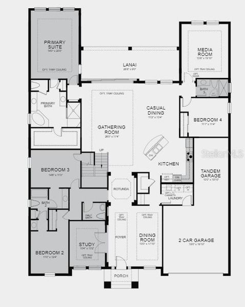 Structural options include: gourmet kitchen, tray ceilings, wood stairs, shower at bath 3 and 4, 8 ft doors, door at media room, pocket slider at gathering room, study, and 4 ft extension on owners.