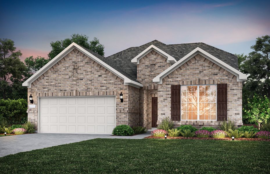 Exterior A with stone and brick, wood shutters, and 2-car garage