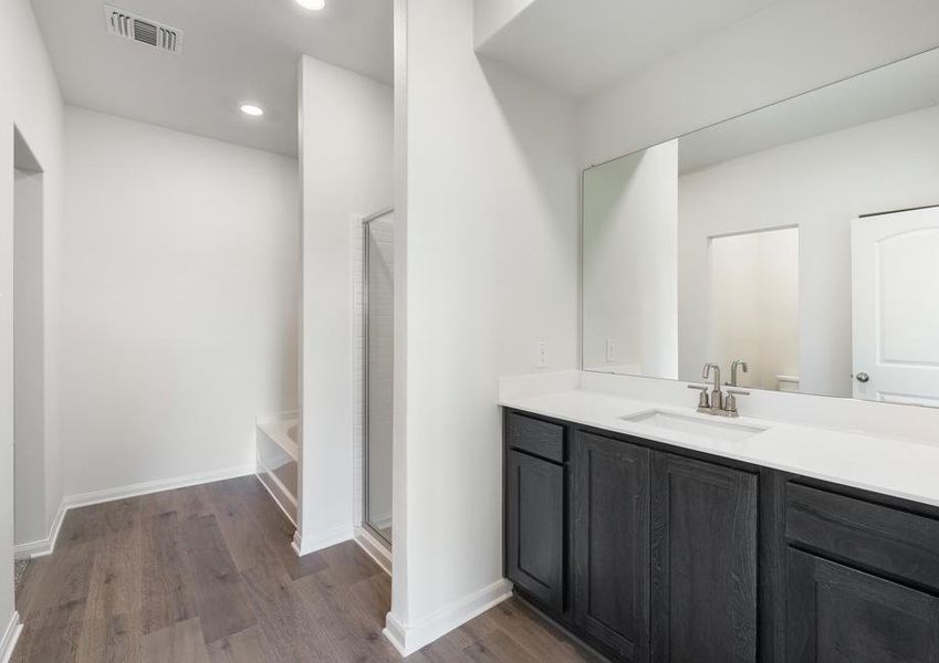 The master bathroom has a large vanity space.