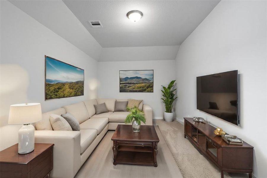 Grab the popcorn, put on a movie, and enjoy a wonderful evening in your amazing media room! Featuring plush carpet, custom paint, custom lighting makes this the perfect room for relaxing!