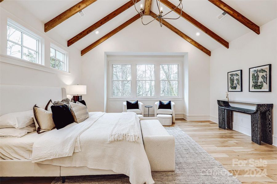 Primary bedroom with vaulted ceilings