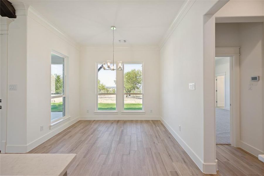 Unfurnished dining area featuring a chandelier, light wood-type flooring, a healthy amount of sunlight, and crown molding