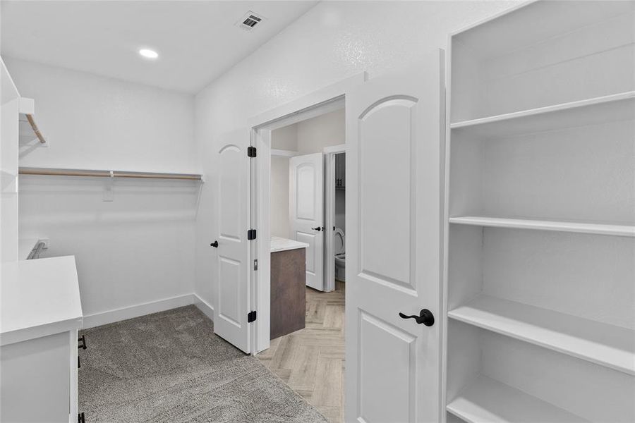 Spacious closet featuring light parquet flooring