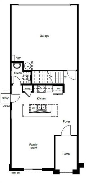 D.R. Horton's Braden townhome floorplan, 1st floor - All Home and community information, including pricing, included features, terms, availability and amenities, are subject to change at any time without notice or obligation. All Drawings, pictures, photographs, video, square footages, floor plans, elevations, features, colors and sizes are approximate for illustration purposes only and will vary from the homes as built.