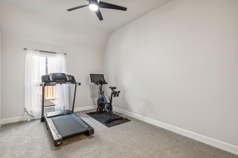 Workout room featuring ceiling fan, vaulted ceiling, and carpet