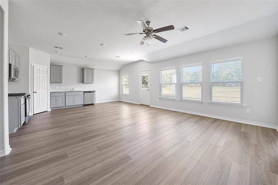 View of living room and kitchen