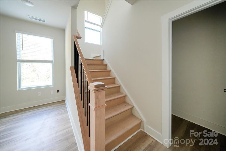 iron Balustrades at Stained stairway. Additional storage under stairs