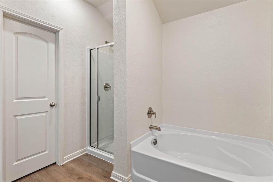 Bathroom featuring independent shower and bath and wood-type flooring