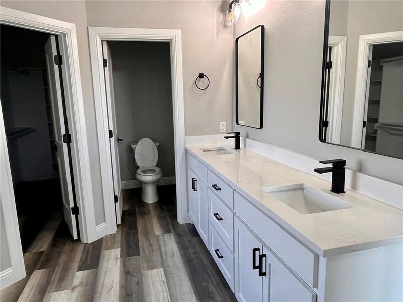 Bathroom featuring hardwood / wood-style floors, vanity, and toilet