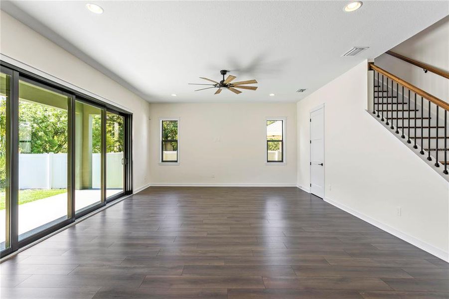 family room with under stair storage