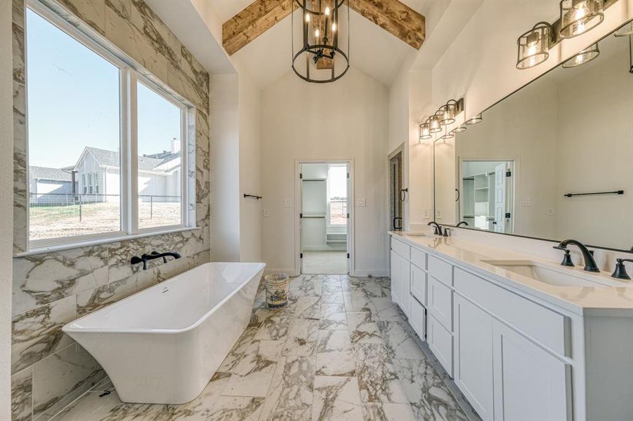 What an ensuite!! Stained beams! Massive soak in tub, Floors you have to see in person! so much detail!!