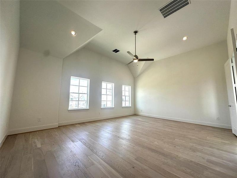 Vaulted Ceilings in Primary Bedroom w/ Wide Plank Wood Flooring