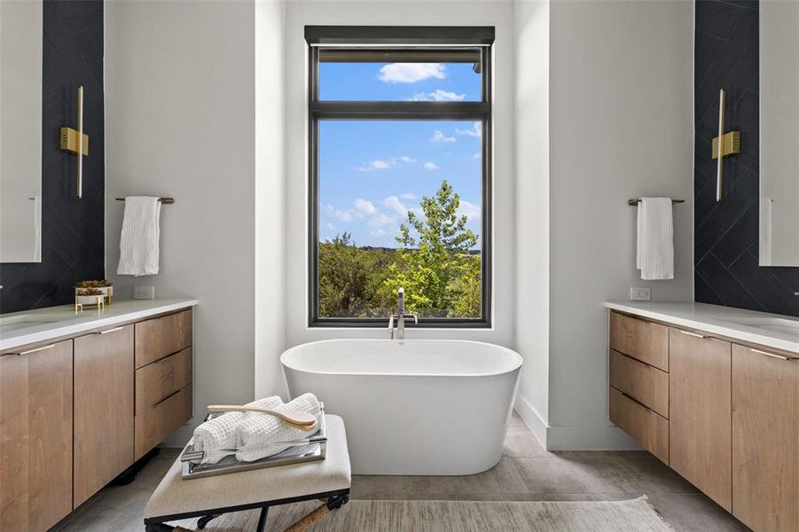 Primary bath with double vanities and soaking tub