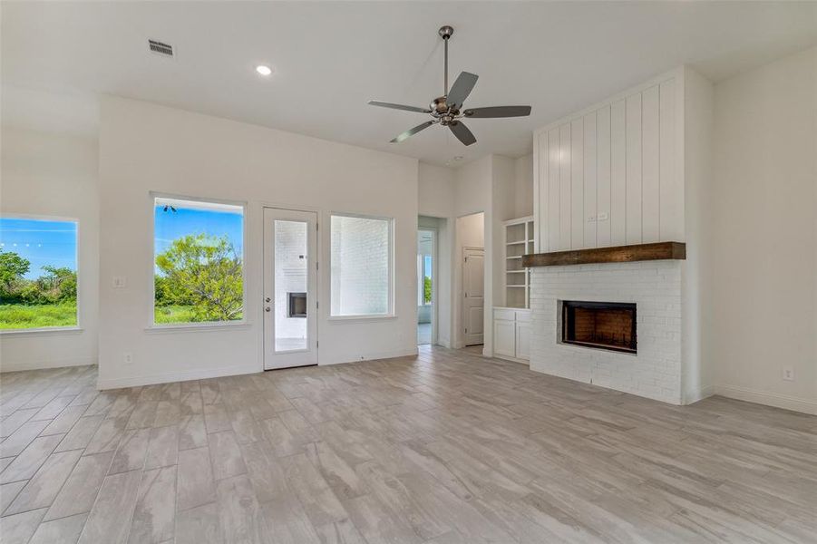 Electric Fireplace and Backyard View