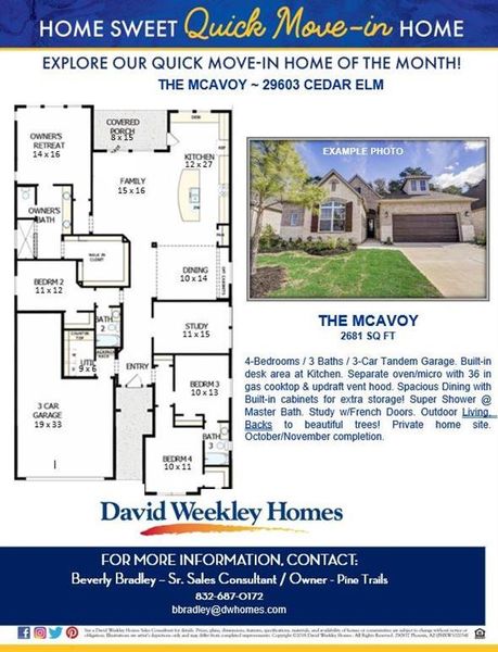 Mcavoy is a spacious 1 story home with 3 car tandem garage on a private home site