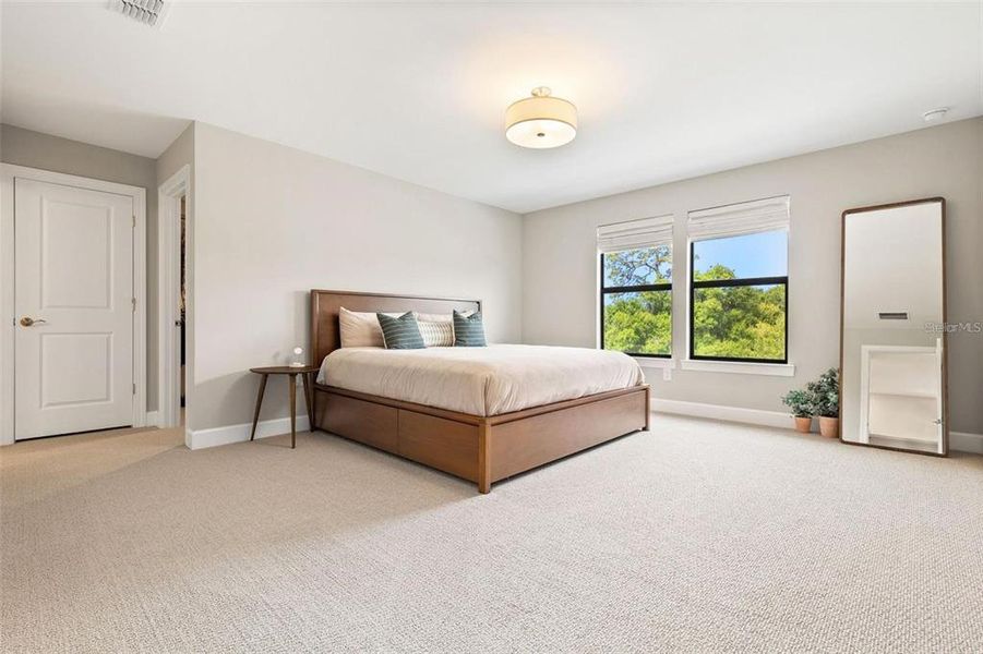 The primary bedroom is a private oasis with the preserve backdrop and large walk-in closet.