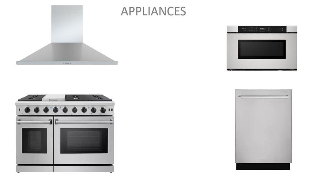 Appliance package including a 48" slide in range with double ovens. Note the exhaust fan will vary slightly from the model shown as a cabinet will hide most of the unit.