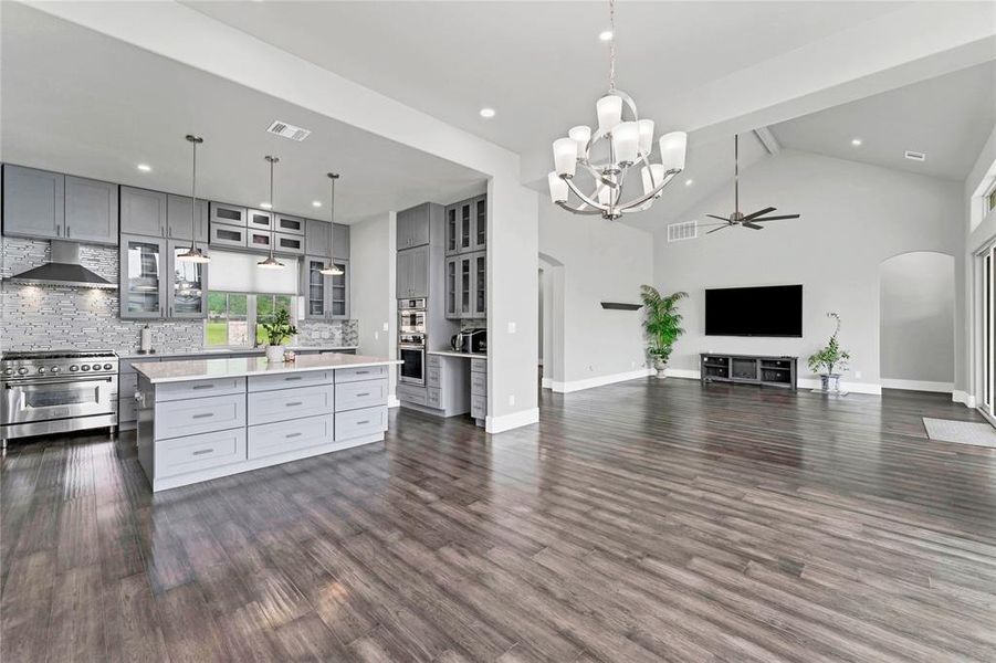 Kitchen and dining room open to living room