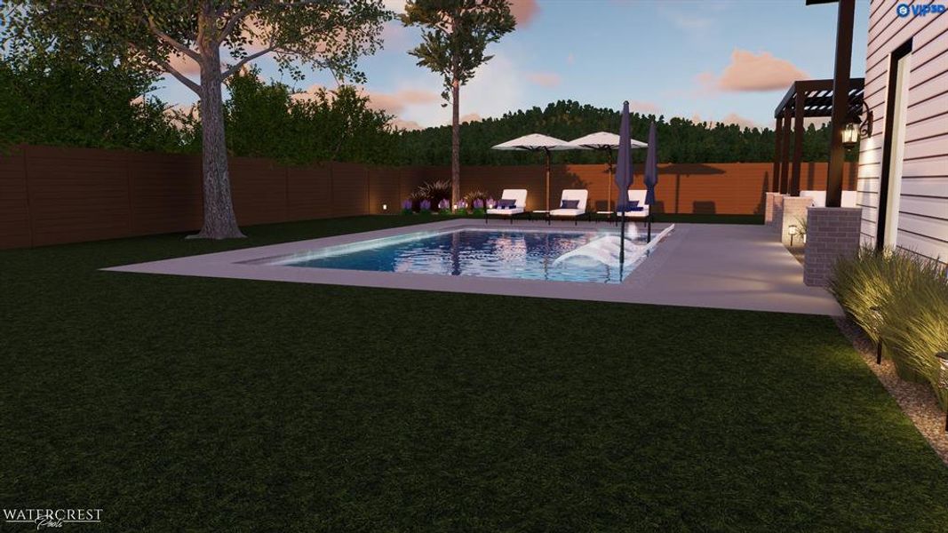 Pool at dusk with a patio area and a lawn